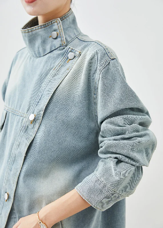 Stylish Light Blue Asymmetrical Denim Jackets Fall